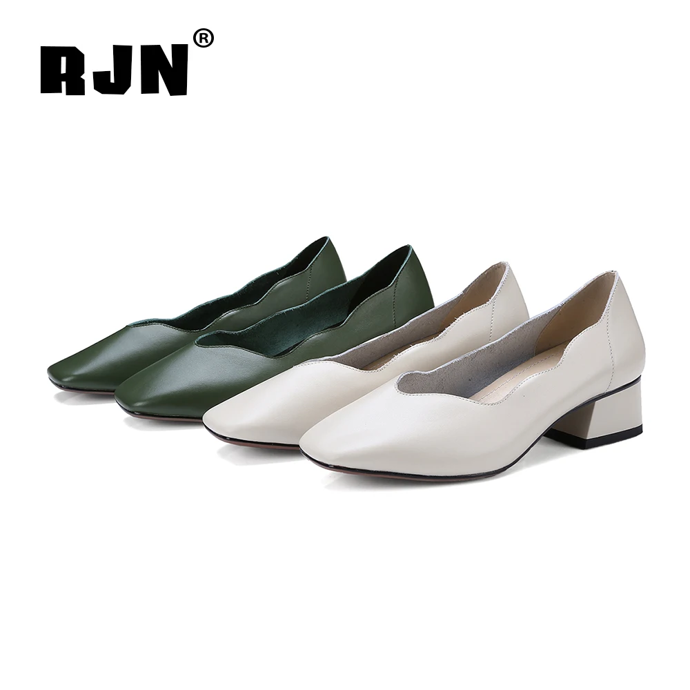 RJN Elegant Shallow Women Pumps Flower Lace Ribbon Decoration Comfortable Square Toe Med Heel Genuine Leather Slip-On Shoes RO42