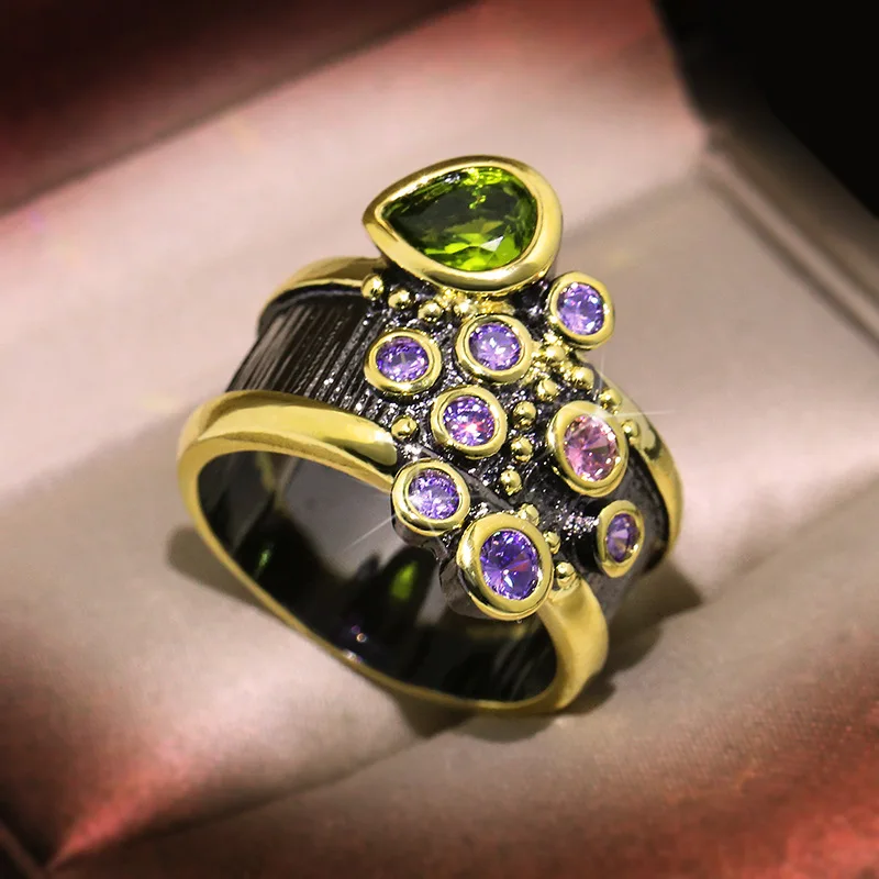Italy Jewelry Antique 925 Sterling Silver Rings Vintage Big Emerald for Women Black Gold Cocktail Ring Trendy | Украшения и