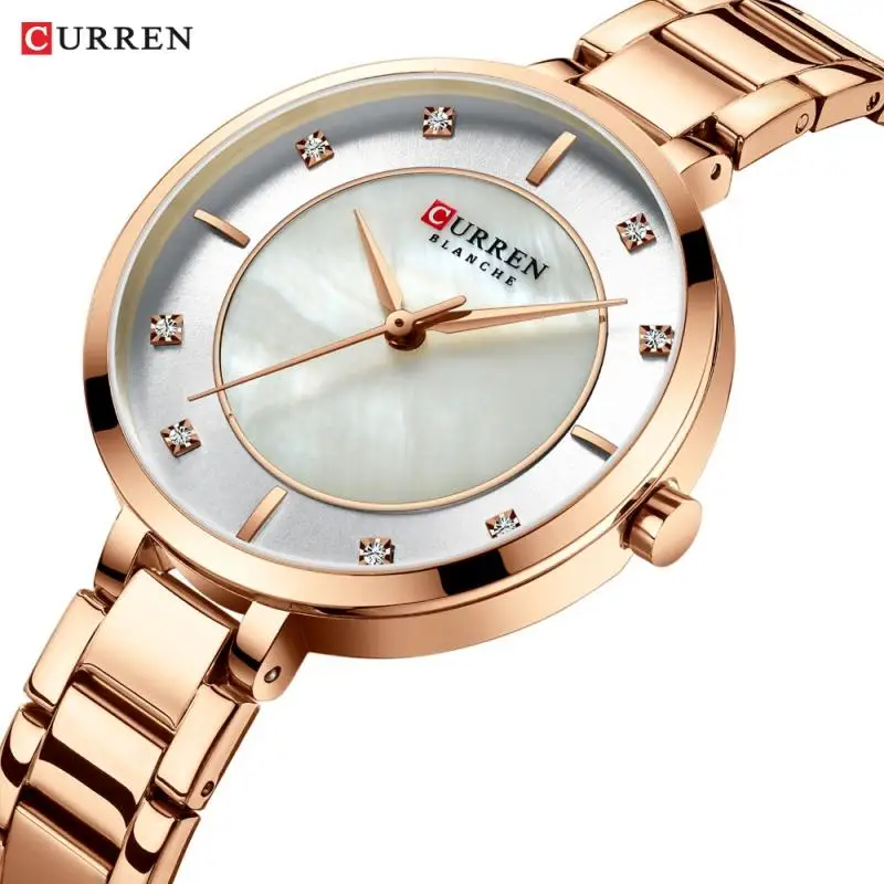 

Curren Women Gold Diamond Watches Ladies Concise Fashion Casual Rhinestone Shell Veins Dial Golden Bracelet Strap Quartz Watch