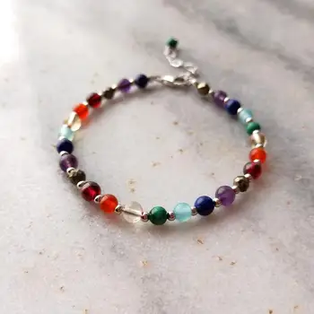 

Lii Ji 7 Chakra Bracelet Real Multi Gemstone Citrine Amethyst Garnet Malachite 3-4mm Beads 925 Sterling Silver Platinum Color
