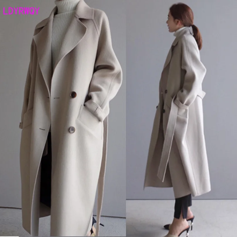 

2019 autumn and winter new women's Korean version of the loose casual lapel long-sleeved double-breasted long woolen coat