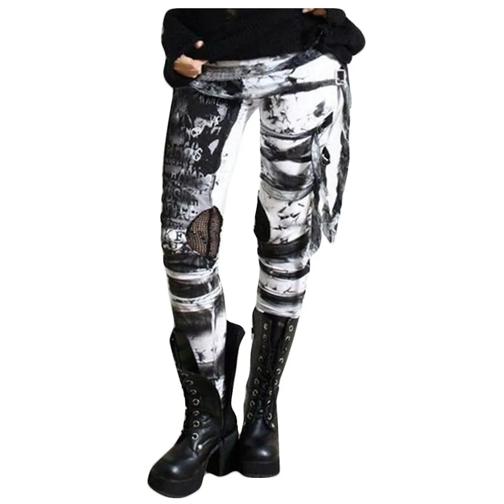 leggins Gothic Punk Leggings Women Tight Elastic Pants Leggins Mujer Hip Hop Rocker High Waist Distressed Legging Pantalones De Mujer ribbed leggings Leggings