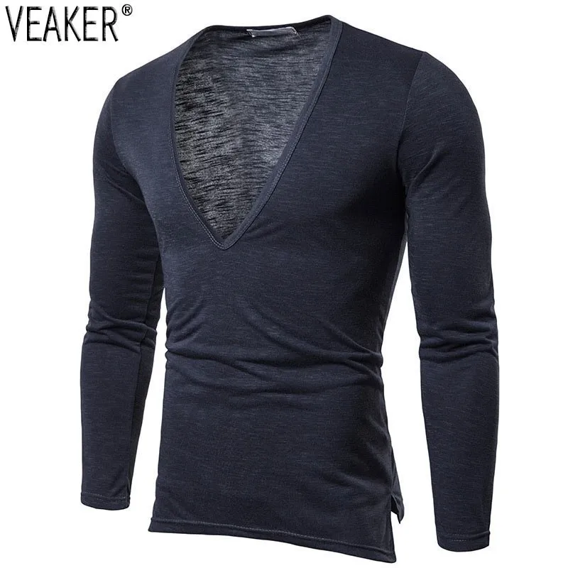

mannen Toevallige Lange Mouwen t-shirt Mannen Effen Kleur Sexy Diepe V-hals t-shirt Slim Fit zwart Wit Fitness tshirt Tops