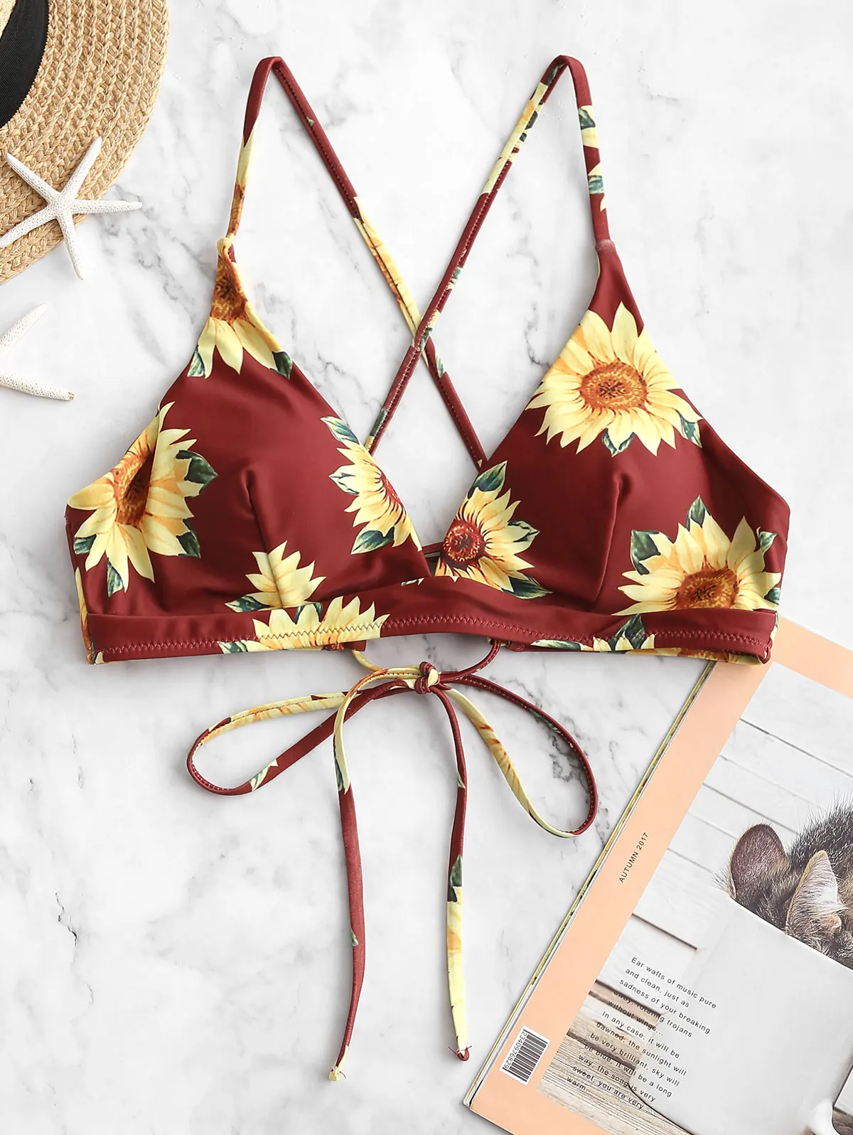 

ZAFUL Sunflower Print Crisscross Lace-up Bikini Top