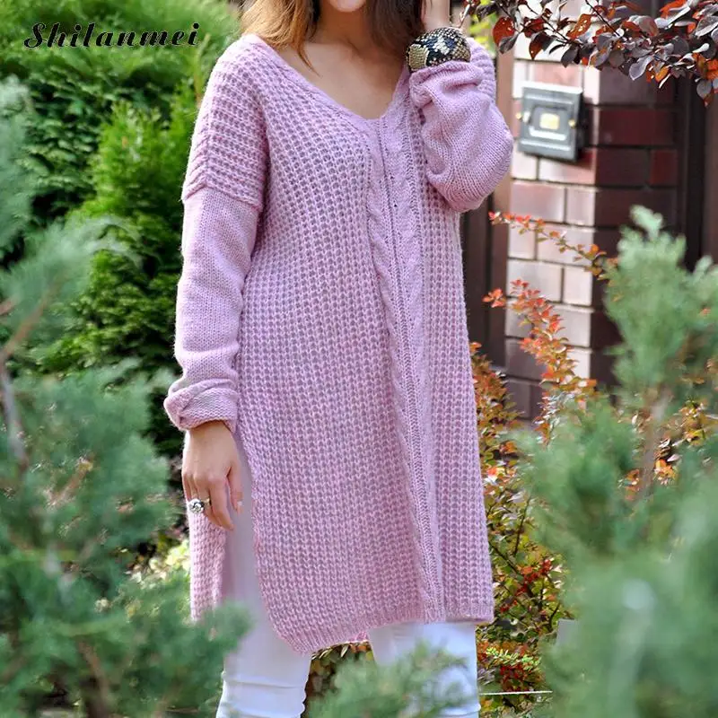 light purple Осенне-зимний теплый свободный Свитер оверсайз женский длинный вязаный пуловер с v-образным вырезом модный длинный рукав плюс размер однотонный джемпер свитер - Цвет: light purple