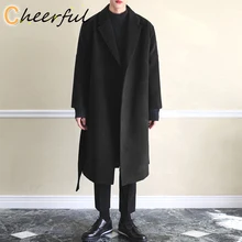 

Trench Men Winter Thick Turn-down Collar wool Jacket Coats Fashion Belt Trenchcoat Classic Black Casual Long Windbreaker