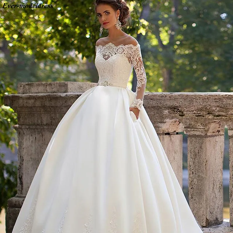 Long-Sleeve-Lace-Wedding-Dresses-Ball-Gown-Satin-Off-Shoulder-Plus-Size-Bride-Bridal-Weding-Weeding (1)_conew1 - 副本