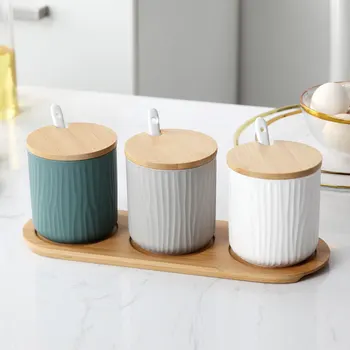 

3 in 1 Nordic Ceramic Seasoning Jar Set 300ML Seasoning Box Pepper Salt Can Condiments Container With Spoon Kitchen Storage Rack