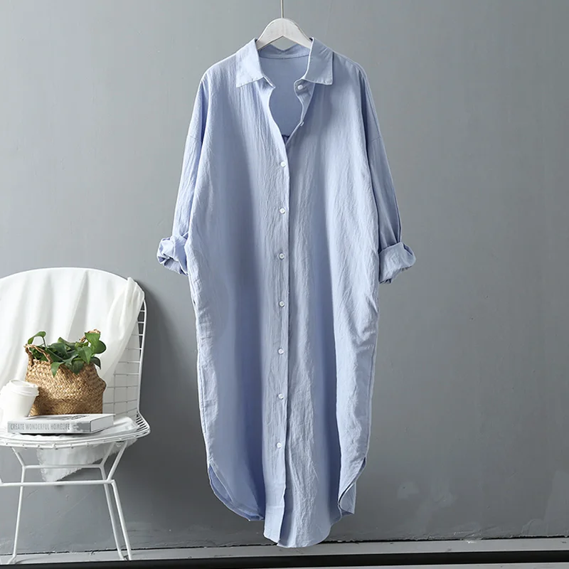  New Summer Cotton Women Blouses 2019 Long Section Shirts Plus Size Linen Cottons Casual White/Blue 