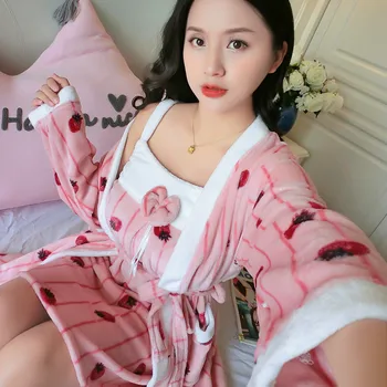

Flannel Kimono Gown Young Lady Twinset Robe Set For Winter Warm Thicken Nightwear Casual Lounge Coral Fleece Sleepwear Nightgown