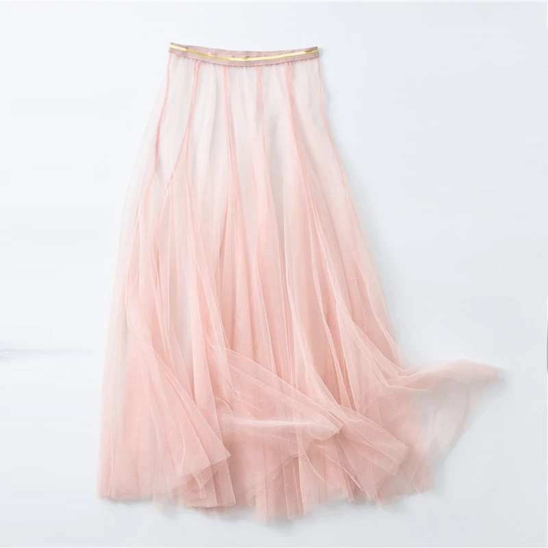 Весна осень женские кружевные плиссированные длинные юбки для дам с высокой талией корейские винтажные элегантные тюлевые сетчатые прозрачные газовые миди юбки