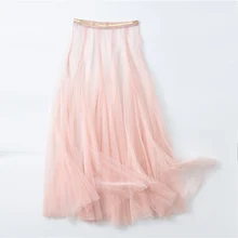 Весна осень женские кружевные плиссированные длинные юбки для дам с высокой талией корейские винтажные элегантные тюлевые сетчатые прозрачные газовые миди юбки