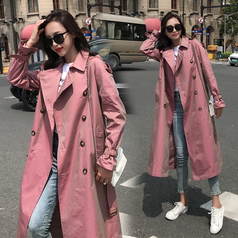 

New Women Solid Medium Long Trench With Belt Female Double Breasted Full Sleeve Coat High Street Lady Loose Overcoat Elegant Hot