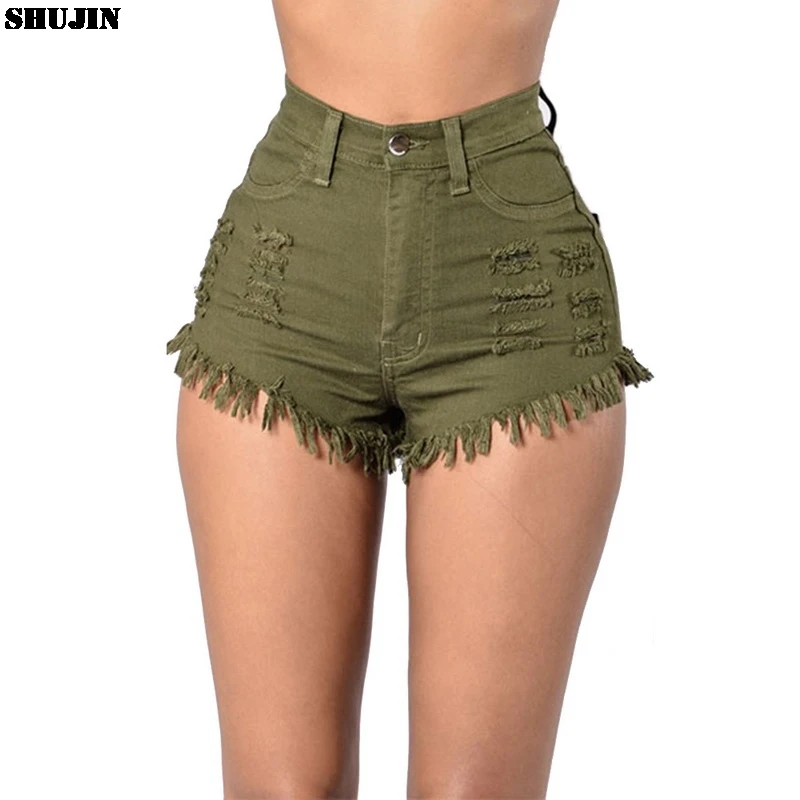 SHUJIN Джинсовые шорты Для женщин модные ботильоны с кисточками рваные летняя с высокой талией Короткие джинсы сексуальные обтягивающие