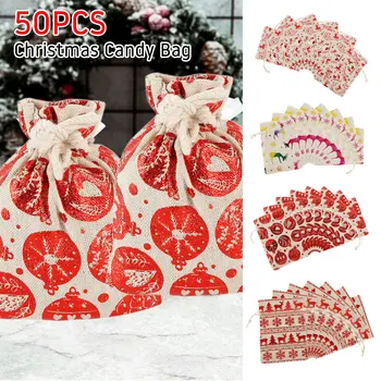 

50pcs/set Drawstring Christmas Gift Bags Resuable Natural Burlap Drawstring Pouch Packaging Gift Bag New Year Gift Santa Sacks