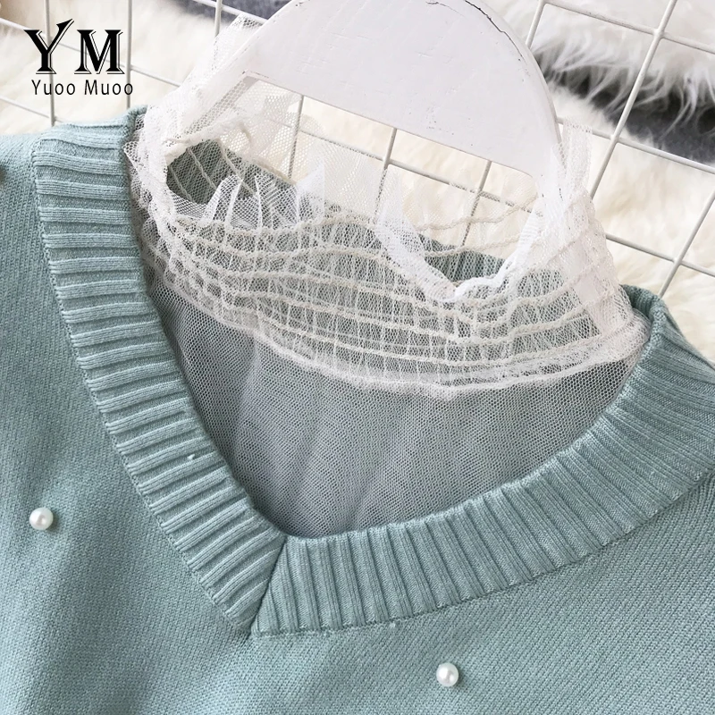 Billig YuooMuoo Elegante Marke Stil Zwei Stück Set Frauen Kleid 2019 Herbst Winter Gestrickte Lange Spitze Kleid Langarm Perlen Party kleid