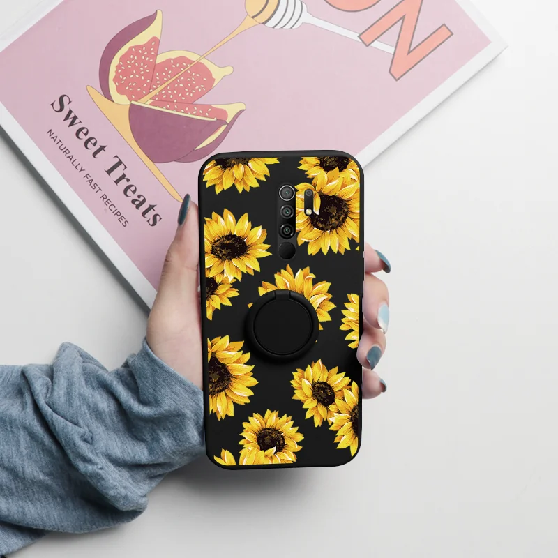cellphone pouch For Redmi 9 Case Flower Magnetic Ring Holder Soft Silicone Phone Cover For Xiaomi Redmi 9 Redmi9 Protective Back Cover Bumper phone pouches Cases & Covers