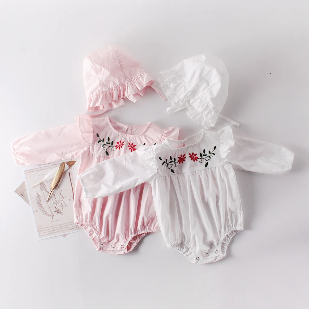 

2019 Autumn New Baby Embroidered Romper Long-sleeved Robe Baby Cotton Jumpsuit Romper Matched Hat Pull Noel Enfant Pink White