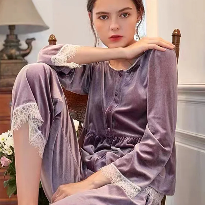 

Velour Sleep Set Velvet Sexy Lady Nightwear With Lace 2PCS Pajamas Suit Homewear Autumn New Home Clothing Intimate Lingerie