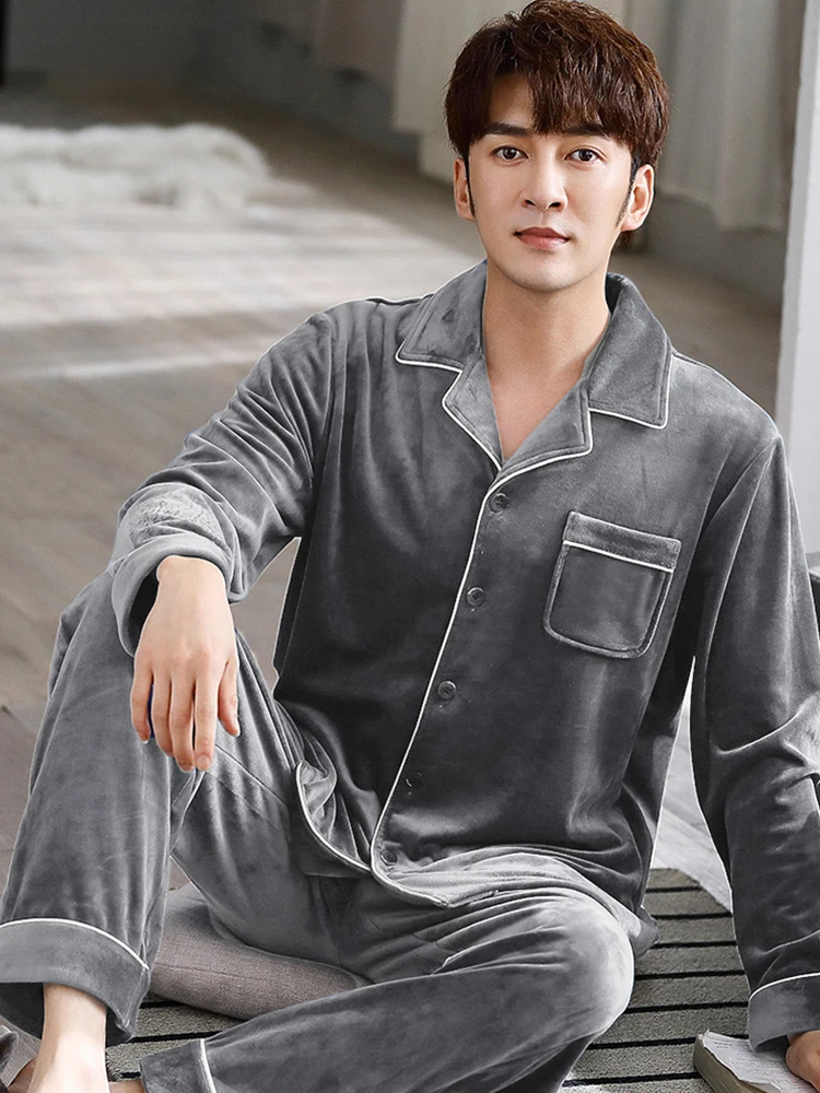 Large Size Man Paired Flannel Pajama 2pcs Set Winter Warm Oversize Soft Man Sleepwear Pure Color Home Pants Comfortable Lounge