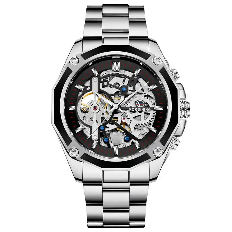 Мужские часы FORSINING, автоматические механические часы со скелетом, чехол, механизм, нержавеющая сталь, военные спортивные мужские часы, Relogio Masculino - Цвет: silver black