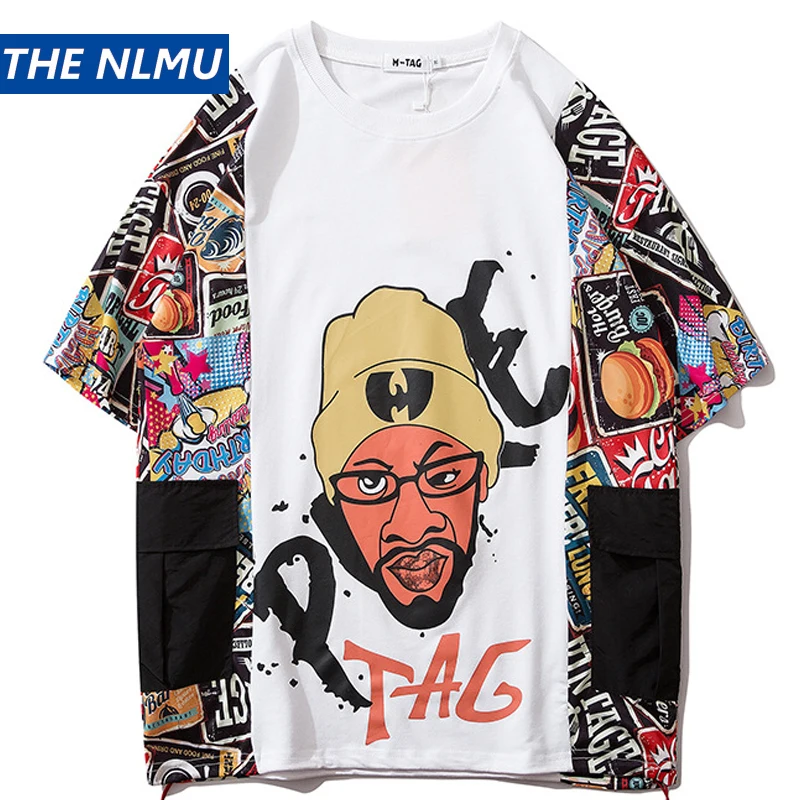 

Hip Hop Patchwork T-shirts Men Streetwear Character Print Tshirt Short Sleeve 2020 Summer Color Block Tops Tees Male Cotton HT69