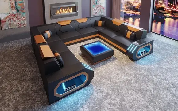 Мебель для гостиной дешевый кожаный угловой диван 5 6 7 8 местный секционный диван со светодиодным светильник