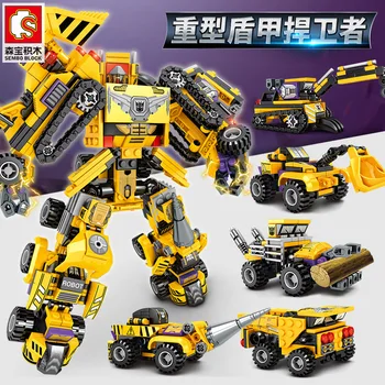 

6 In 1 Block 587+Pcs Steel Mech Defender Car Carriers Crane Loaders Robot Building Blocks Model Kits DIY Toys For Children