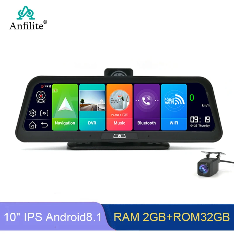 Автомобильный видеорегистратор Anfilite 10 дюймов 4G ADAS Android 8 1 Wi Fi DVR FHD 1080P 2 + 32 ГБ GPS
