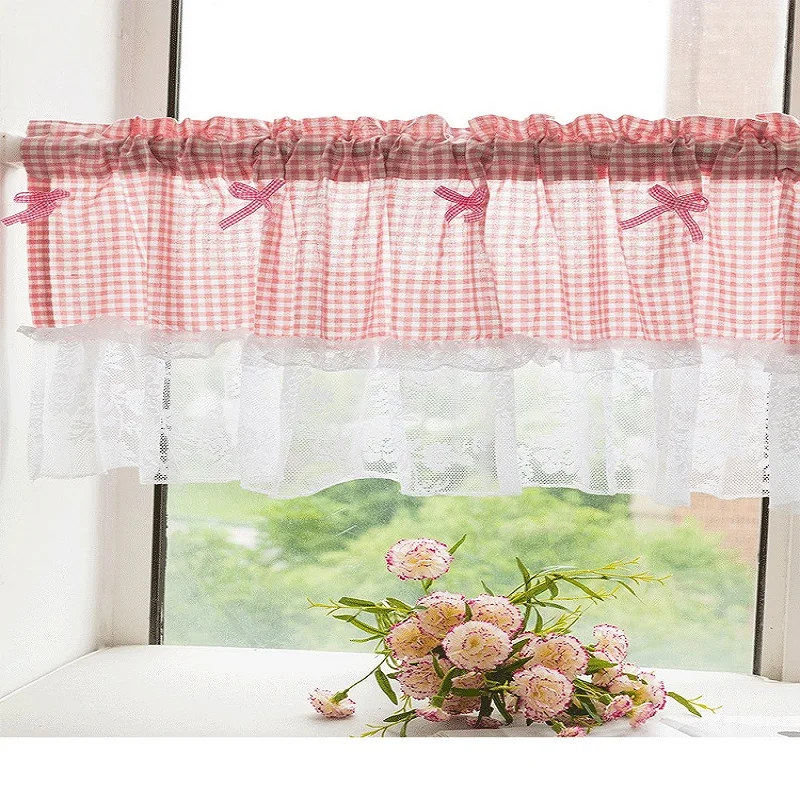 

Tulle Sheer Grid Short Roman Window Curtains with Lace Embroidery Home Living Room Decoration Voile in the Kitchen Cafe Curtain