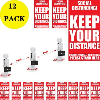 

12pcs Stickers Social Distancing Keep Your Distance Stand Here Line Crowd Control Floor Sticker Decals Adhesive Sticker 20*38cm