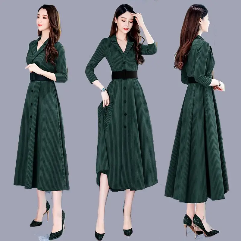 Осенняя одежда, стиль, женское платье в полоску с длинным рукавом, платье дебютанта, элегантное, модное, приталенное, для похудения, осень