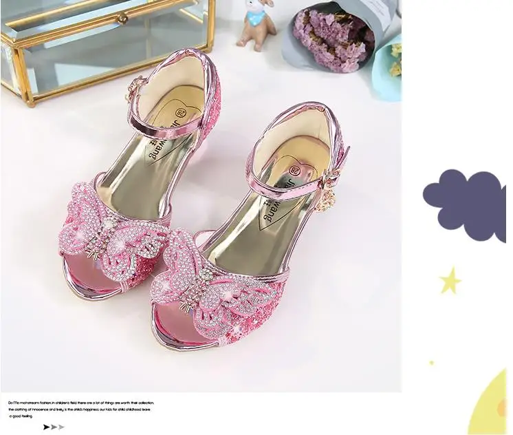 Детская блестящая обувь с бантиком для девочек; chaussures prinsessen schoenen; блестящие босоножки с бантиком; модельные туфли на высоком каблуке