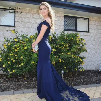 

Sexy Navy Blue Mermaid Evening Dress Arabic Off The Shoulder Satin Lace Tight Prom Dresses 2020 Formal Women Party Gowns Cheap