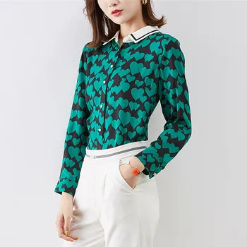 

Work Wear Women Silk Shirt Top Spring Summer Fashion Heart Pattern Printed Office Lady Green Silk Blouse Tops Workwear Clothes