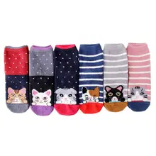 6 пар, женские зимние толстые теплые пушистые носки-тапочки, милые Мультяшные Носки с рисунком кота, с полосками, коралловые бархатные теплые чулочно-носочные изделия