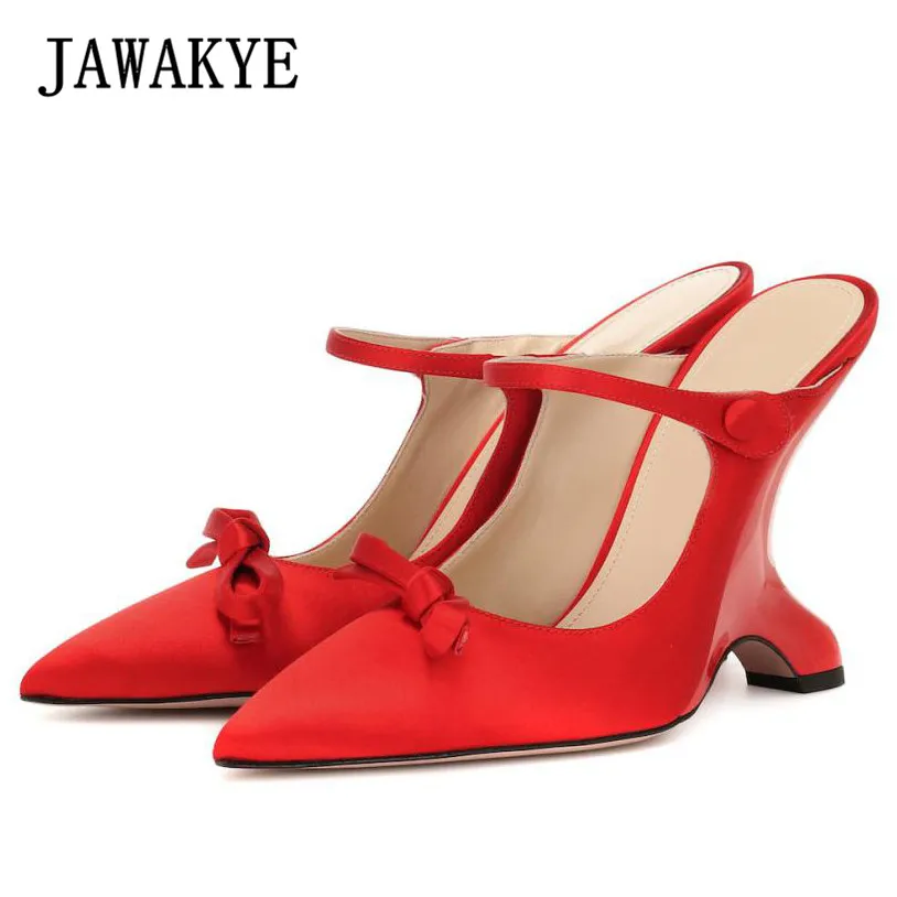 

Strange Heels Wedge Sandals Woman Pointed Toe Bowknot High Heels Runway Slippers Silk One Strap Slides Wedding Party Shoes Women