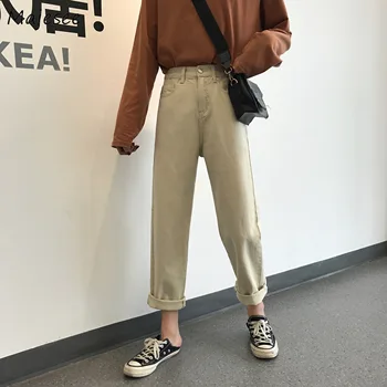 

Jeans Women Solid Ankle-length Loose Straight Student BF Harajuku Korean Style Chic Simple Casual All-match High Waist Pockets
