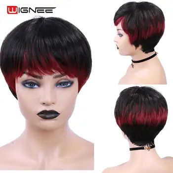 

Wignee Short Straight Hair Human Wigs For Women 150% Density Remy Brazilian Mixed Natural Black & BUG Machine Made Pixie Cut Wig