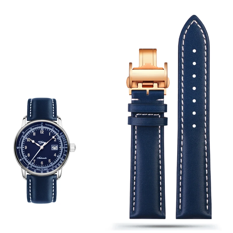 Blue Genuine Leather Watch Band Strap, 21mm/22mm – Premium Replacement Watch Strap Belt Bracelet
