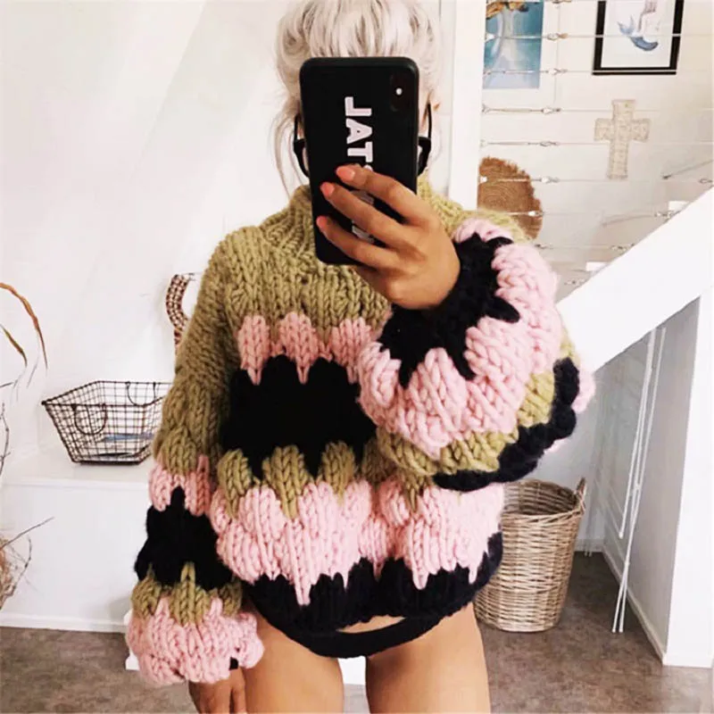 

Autumn winter striped Sweater women 2019 Korean retro Hand-knitted rough loose pullover sweater womens knit sweaters female pull
