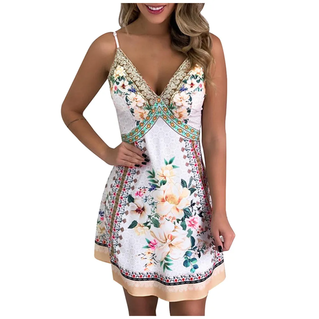 

KANCOOLD DRESS Women V Neck Spaghetti Strap Floral Print Backless Flowy Swing Mini Dress Boho fashion new dress momen 2020MAR3