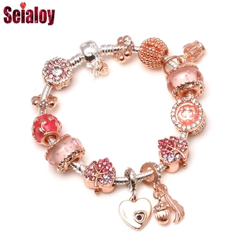 

Seialoy Shiny Love Flower Heart Charm Bracelets For Women Girls Original New Leaf Beaded Pendant Bracelet & Bangle Jewelry