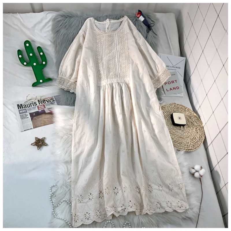 Robe D Ete En Coton Pour Femmes Style Japonais Broderie De Fleurs Couleur Unie Aliexpress