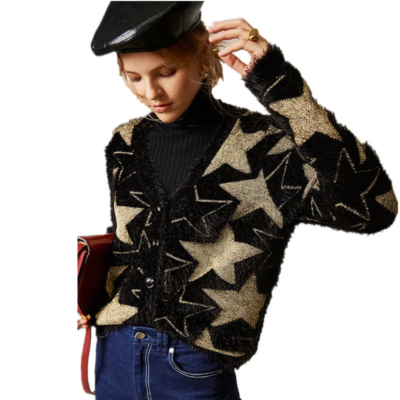 ^Cheap Wool sweater print star women brand mohair knitted warm cardigan sweater dark blue 2020 spring autumn winter new high quality ^Cheap Wool sweater print star women brand mohair knitted warm cardigan sweater dark blue 2020 spring autumn winter new high quality