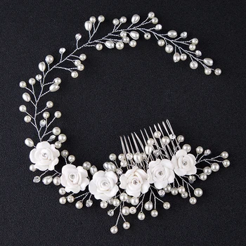 

Wedding Headdress Pearl Hairband White Flower Handmade Headbands Hairbrush Bride Hair Jewelry Hair Comb