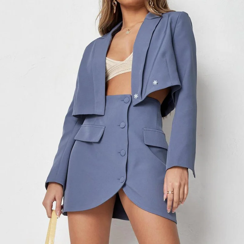 

Vintage Women Elegant Short Skirts Suits Spring Autumn Fashion Ladies Soft Blazer Suits Two Piece Set Girls Chic Outfits