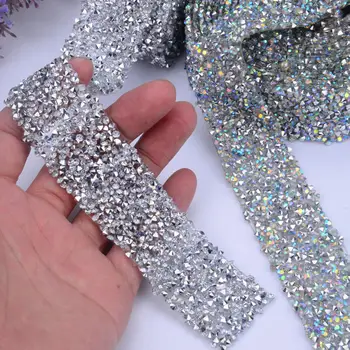 

Sheet Banding Trimming Flat Beaded Crystal Rhinestones Stickers Tablet Chain Embellishment Silver Fix Ribbon Decoration Tape