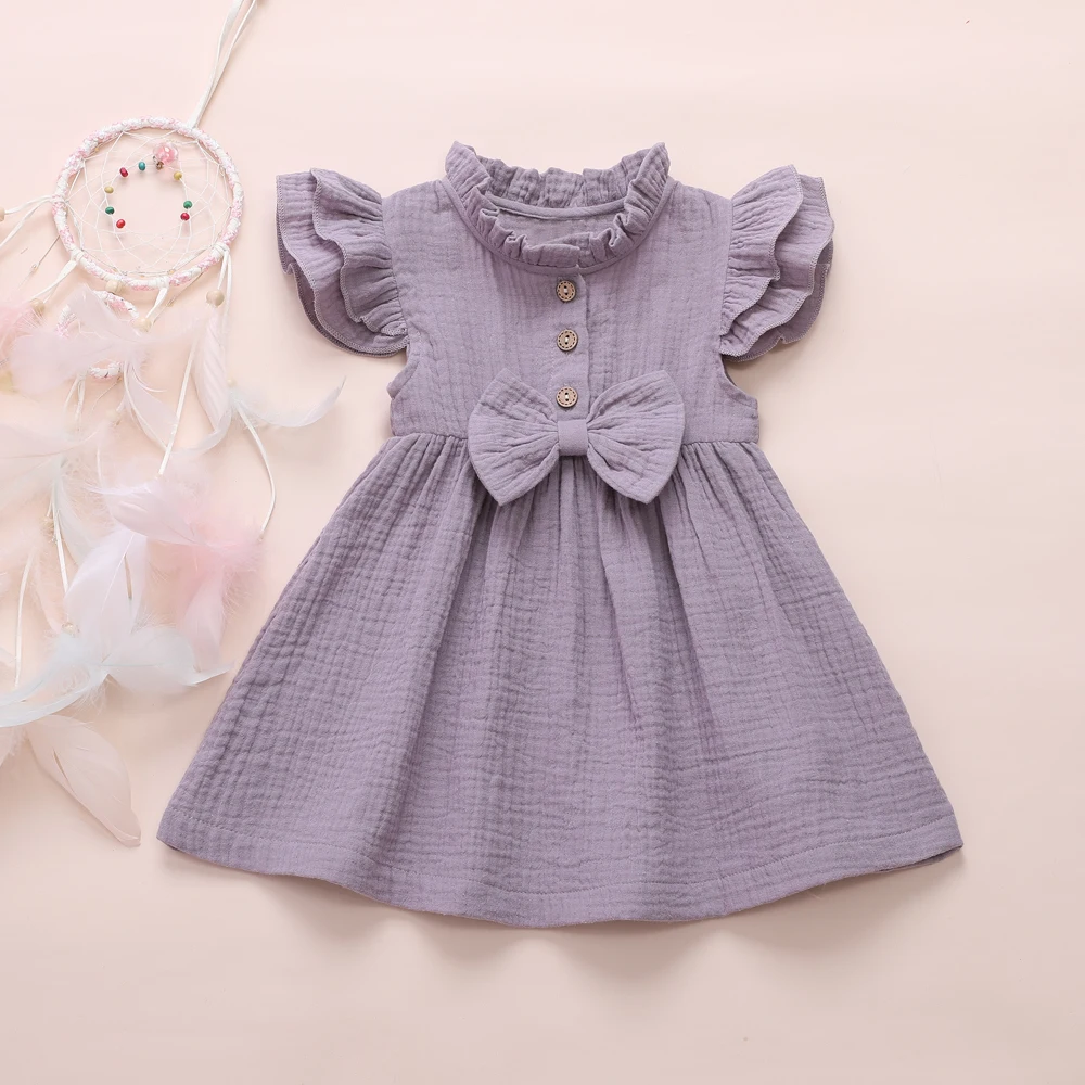 2020 Princess Toddler Kids Baby Girl Dress 1-6Y Solid Linen Button Ruffle Sleeve Turn Down Collar Bow Party A-Line Dress Clothes