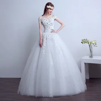 

Simple Ruched Boat Neck Crystal Wedding Dress Backless Floor Length Bridal Dress Plus Size Robe De Mariee